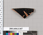 Terracotta fragment of a kylix (drinking cup), Terracotta, Greek, Attic