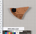 Terracotta fragment of a kylix (drinking cup), Attributed to the Painter of Brussels R 330 [DvB], Terracotta, Greek, Attic