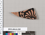 Terracotta fragment of a kylix (drinking cup), Attributed to the Angular Painter [DvB], Terracotta, Greek, Attic