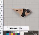 Terracotta fragment of a kylix (drinking cup), Attributed to the Angular Painter [DvB], Terracotta, Greek, Attic