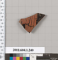 Terracotta fragment of a kylix (drinking cup), Attributed to the Angular Painter [DvB], Terracotta, Greek, Attic