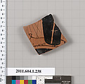 Terracotta fragment of a kylix (drinking cup), Attributed to the Angular Painter [DvB], Terracotta, Greek, Attic