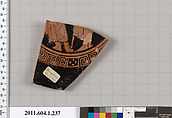 Terracotta fragment of a kylix (drinking cup), Attributed to the Angular Painter [DvB], Terracotta, Greek, Attic