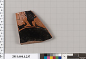 Terracotta fragment of a kylix (drinking cup), Attributed to the Angular Painter [DvB], Terracotta, Greek, Attic