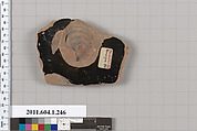 Terracotta fragment of a kylix (drinking cup), Attributed to Angular Painter [DvB], Terracotta, Greek, Attic