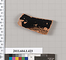 Terracotta fragment of a kylix (drinking cup), Terracotta, Greek, Attic
