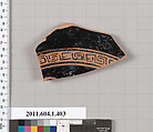Terracotta fragment of a kylix (drinking cup), Terracotta, Greek, Attic