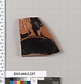 Terracotta fragment of a kylix (drinking cup), Attributed to the Angular Painter [DvB], Terracotta, Greek, Attic