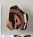 Terracotta fragment of a kylix (drinking cup), Attributed to the Angular Painter [DvB], Terracotta, Greek, Attic