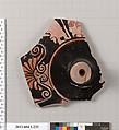 Terracotta fragment of a kylix (drinking cup), Attributed to the Angular Painter [DvB], Terracotta, Greek, Attic