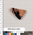 Terracotta fragment of a kylix (drinking cup), Attributed to the Painter of the Paris Gigantomachy [DvB], Terracotta, Greek, Attic