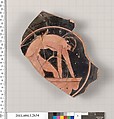 Terracotta fragment of a kylix (drinking cup), Attributed to the Chaire Painter [DvB], Terracotta, Greek, Attic