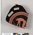 Terracotta fragment of a kylix (drinking cup), Attributed to the Tarquinia Painter, Terracotta, Greek, Attic