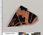 Terracotta fragment of a kylix (drinking cup), Attributed to the Painter of London D 12 [DvB], Terracotta, Greek, Attic