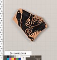 Terracotta fragment of a kylix (drinking cup), Attributed to the Lid Painter [DvB], Terracotta, Greek, Attic