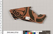 Terracotta fragment of a kylix: eye-cup  (drinking cup), Terracotta, Greek, Attic