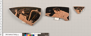 Terracotta rim fragments of a kylix (drinking cup), Attributed to Makron [DvB], Terracotta, Greek, Attic
