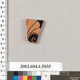 Terracotta fragment of a kylix: eye-cup  (drinking cup), Terracotta, Greek, Attic