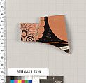 Terracotta fragment of a kylix: eye-cup  (drinking cup), Terracotta, Greek, Attic