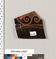 Terracotta fragment of a kylix: eye-cup  (drinking cup), Terracotta, Greek, Attic