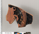 Terracotta fragment of a kylix (drinking cup), Attributed to the Painter of London D 12 [DvB], Terracotta, Greek, Attic