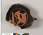 Terracotta fragment of a stemless kylix (drinking cup), Terracotta, Greek, Attic
