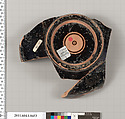 Terracotta fragment of a stemless kylix (drinking cup), Attributed to the Borden Wood Painter [DvB], Terracotta, Greek, Attic
