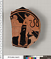 Terracotta fragment of a stemless kylix (drinking cup), Terracotta, Greek, Attic