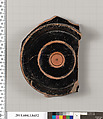 Terracotta fragment of a stemless kylix (drinking cup), Terracotta, Greek, Attic