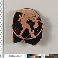 Terracotta fragment of a stemless kylix (drinking cup), Terracotta, Greek, Attic