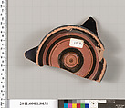 Terracotta fragment of a stemless kylix (drinking cup), Terracotta, Greek, Attic