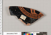 Terracotta fragment of a kylix (drinking cup), Attributed to the Eretria Painter [DvB], Terracotta, Greek, Attic