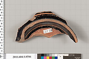 Terracotta fragment of a stemless kylix (drinking cup), Attributed to the Carlsruhe Painter [DvB], Terracotta, Greek, Attic