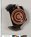Terracotta fragment of a stemless kylix (drinking cup), Terracotta, Greek, Attic