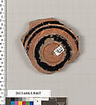 Terracotta fragment of a stemless kylix (drinking cup), Terracotta, Greek, Attic