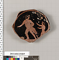 Terracotta fragment of a stemless kylix (drinking cup), Terracotta, Greek, Attic