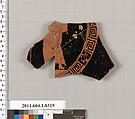 Terracotta fragment of a kylix (drinking cup), Attributed to the Painter of London E 106 [DvB], Terracotta, Greek, Attic