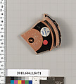 Terracotta fragment of a stemless kylix (drinking cup), Terracotta, Greek, Attic