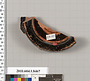 Terracotta fragment of a stemless kylix (drinking cup), Terracotta, Greek, Attic