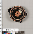 Terracotta fragment of a stemless kylix (drinking cup), Terracotta, Greek, Attic
