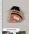 Terracotta fragment of a stemless kylix (drinking cup), Terracotta, Greek, Attic