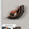 Terracotta fragment of a stemless kylix (drinking cup), Terracotta, Greek, Attic