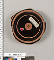 Terracotta fragment of a stemless kylix (drinking cup), Terracotta, Greek, Attic