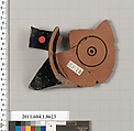 Terracotta fragment of a stemless kylix (drinking cup), Terracotta, Greek, Attic