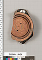 Terracotta fragment of a stemless kylix (drinking cup), Terracotta, Greek, Attic