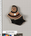 Terracotta fragment of a stemless kylix (drinking cup), Terracotta, Greek, Attic