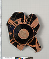 Terracotta fragment of a kylix (drinking cup), Attributed to the Painter of London D 12 [DvB], Terracotta, Greek, Attic