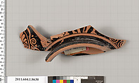 Terracotta fragment of a stemless kylix (drinking cup), Terracotta, Greek, Attic