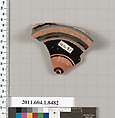 Terracotta fragment of a stemless kylix (drinking cup), Terracotta, Greek, Attic