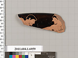 Terracotta rim fragment of a kylix (drinking cup), Attributed to the Painter of the Paris Gigantomachy [DvB], Terracotta, Greek, Attic